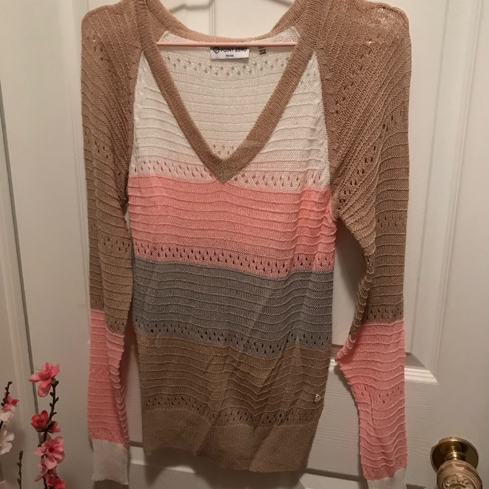 Point Zero Women's V-Neck Sweater in Cream, Pink, and Tan